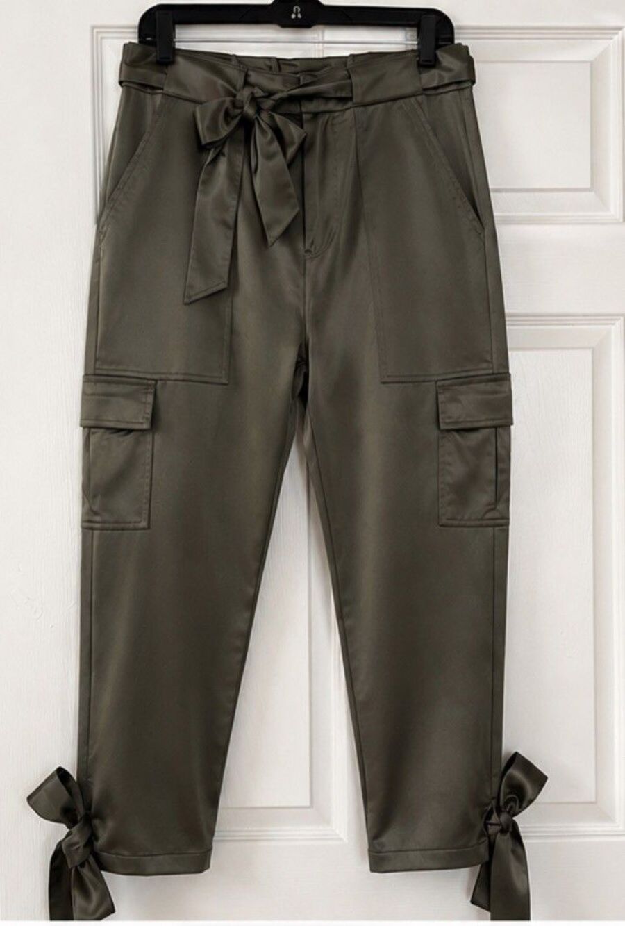 Joie Satin Cargo Pants 29W Dark Army Green Ankle Bow Tie Utility Quiet Luxury